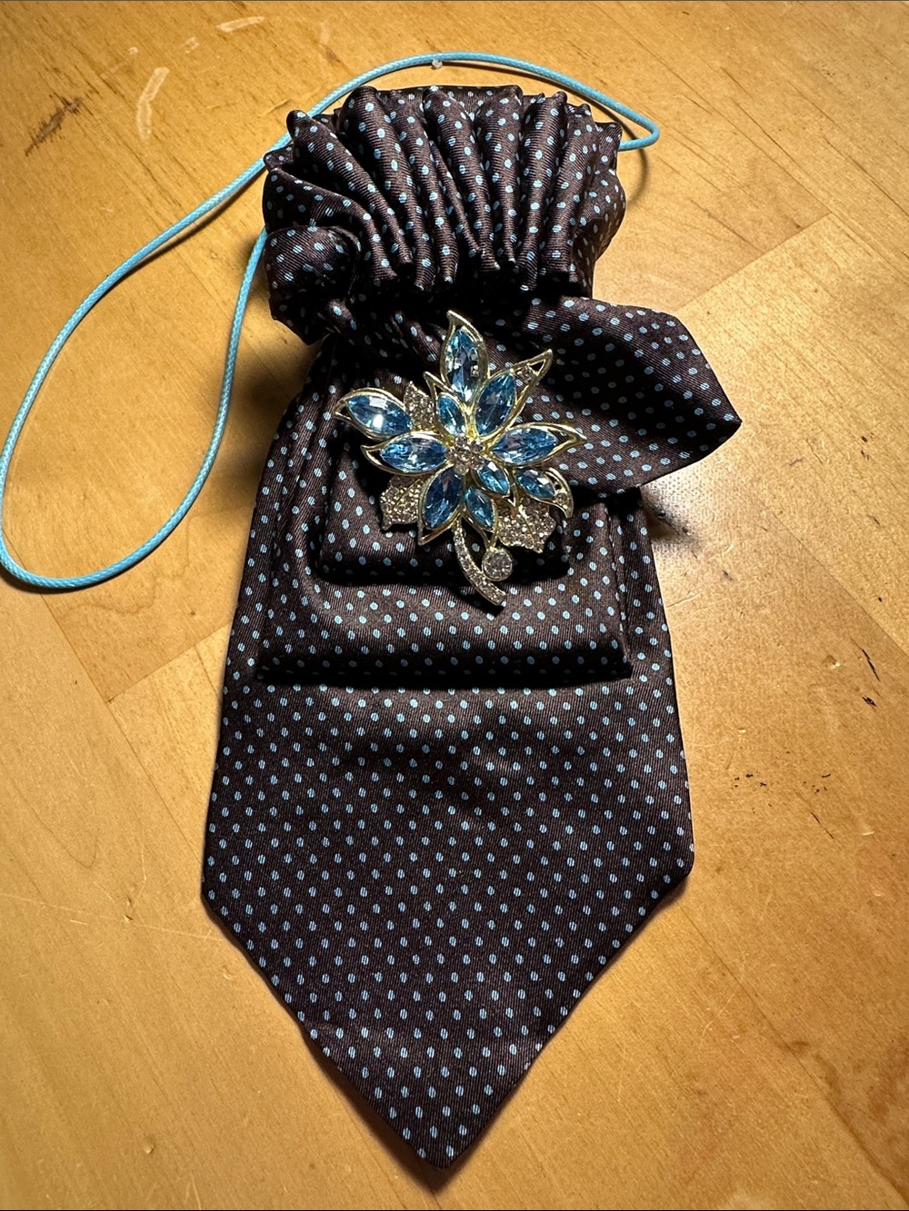 Valentino BluePolka Dot Necklace Tie with Blue Crystal Flower Brooch